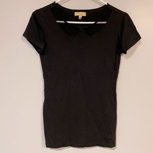 Black short sleeve with sheer collar accent